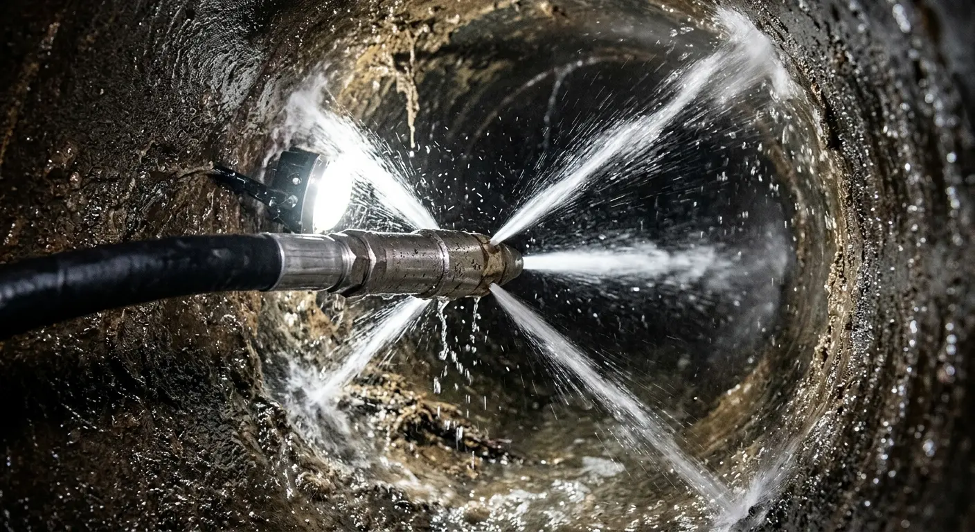 High-pressure hydro jetting nozzle cleaning sewer pipe for Sewer Cleanout in Bound Brook