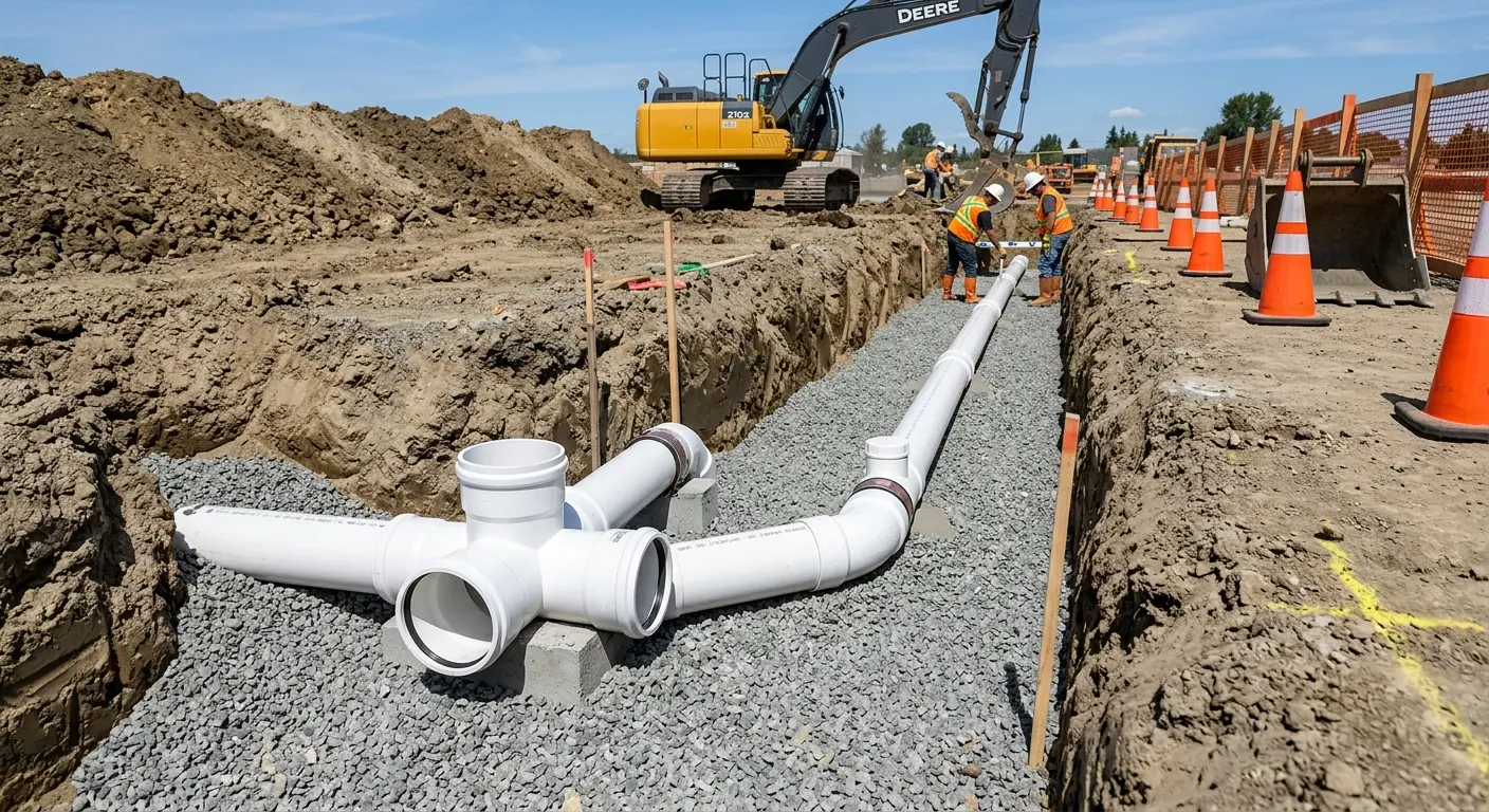 New PVC sewer pipe installation in open trench for Commercial Drain Cleaning in Bound Brook