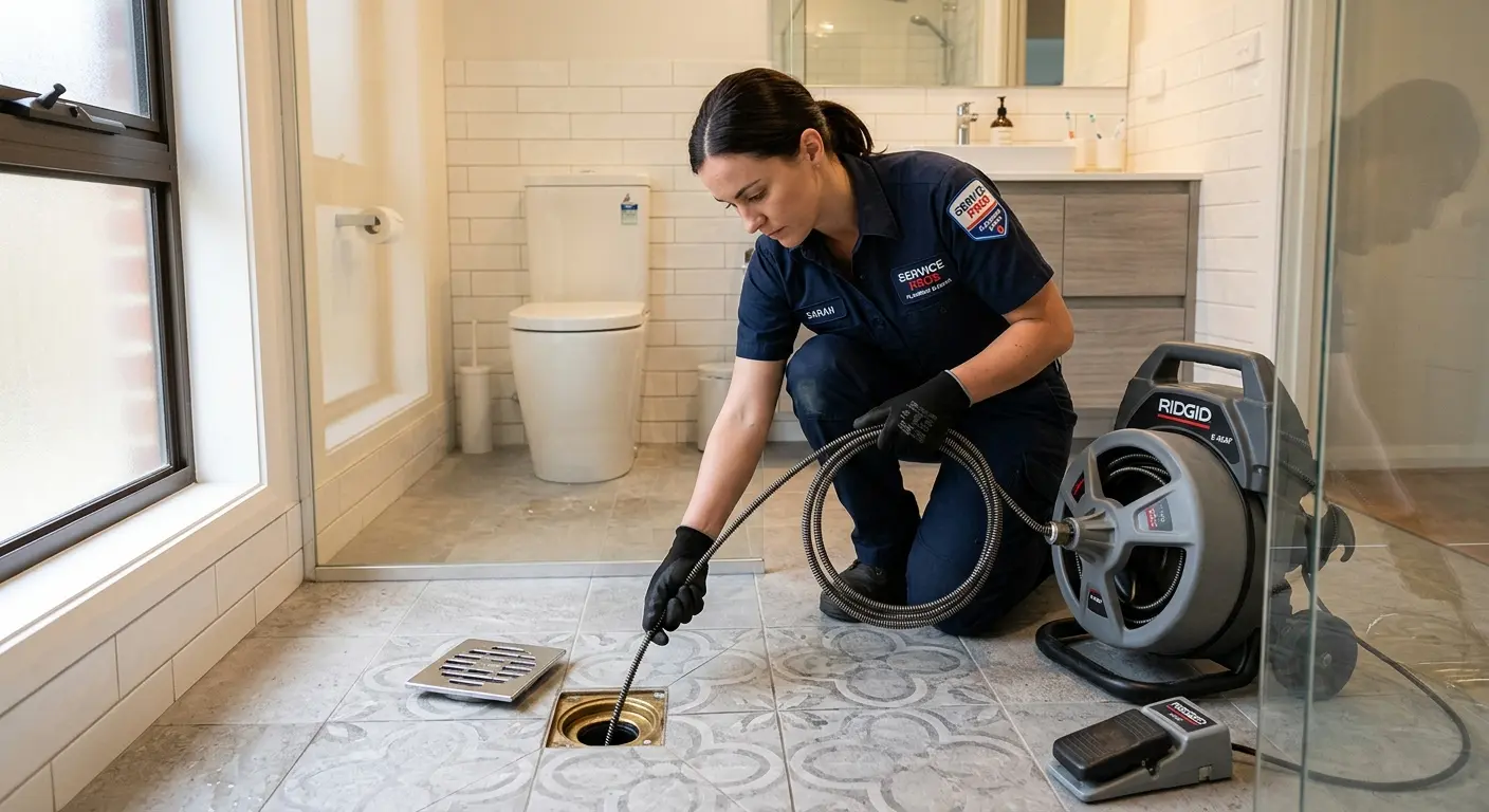Technician clearing a bathroom floor drain for Hydro Jetting in Bound Brook